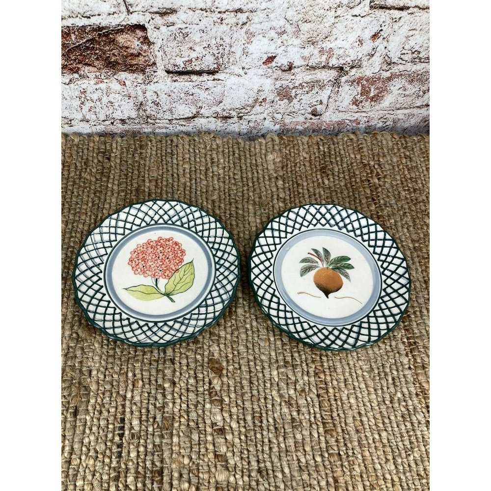 Set of 2 Royal Norfolk Ceramic Salad Plates Dishes Green Lattice Fruit Theme 9in